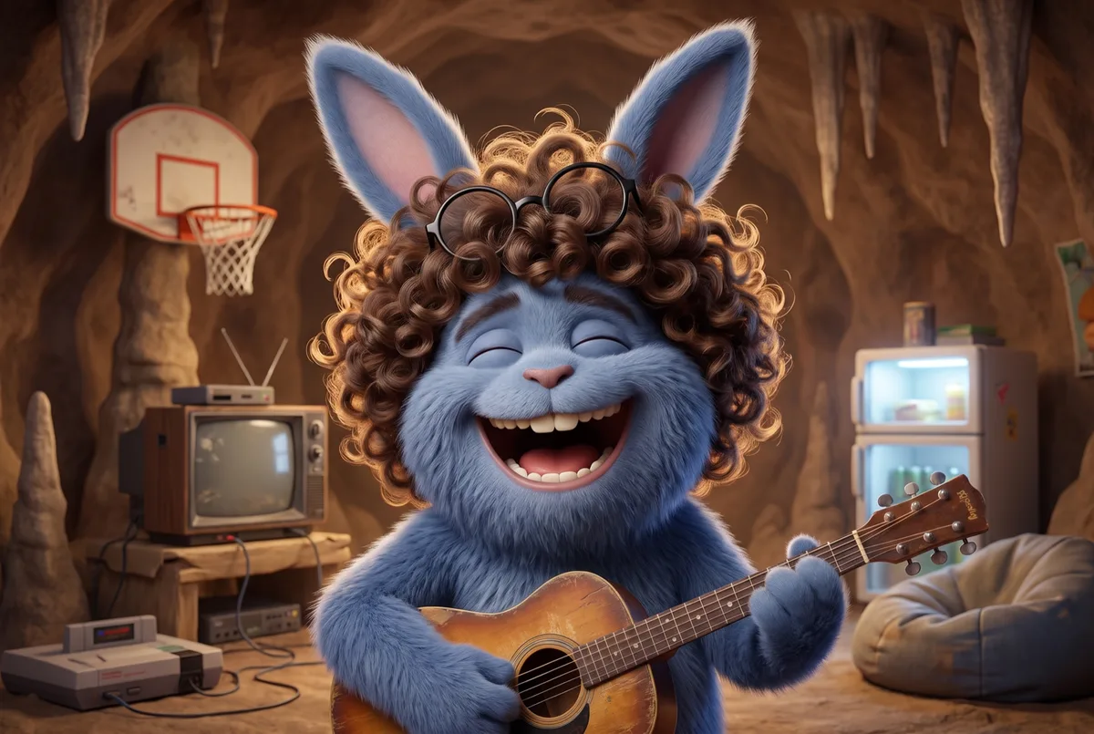 Curly Ben, strums loudly. Laughs louder.